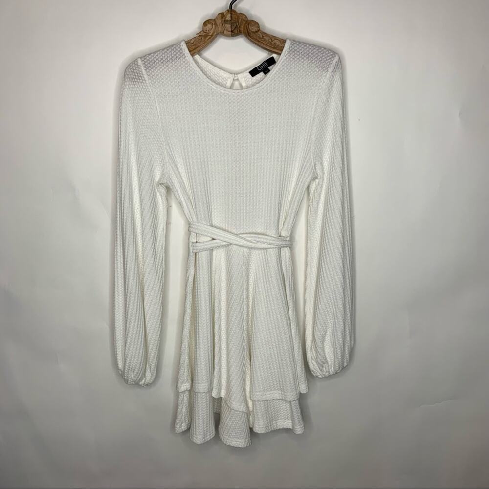 White Long-Sleeve Knit Romper with Waist Tie by A New Day